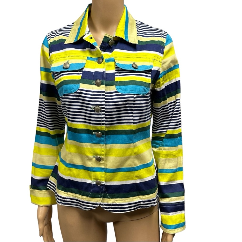 Live A Little Button Up Neon Navy Green Aqua Striped Pocket Jacket Womens Small